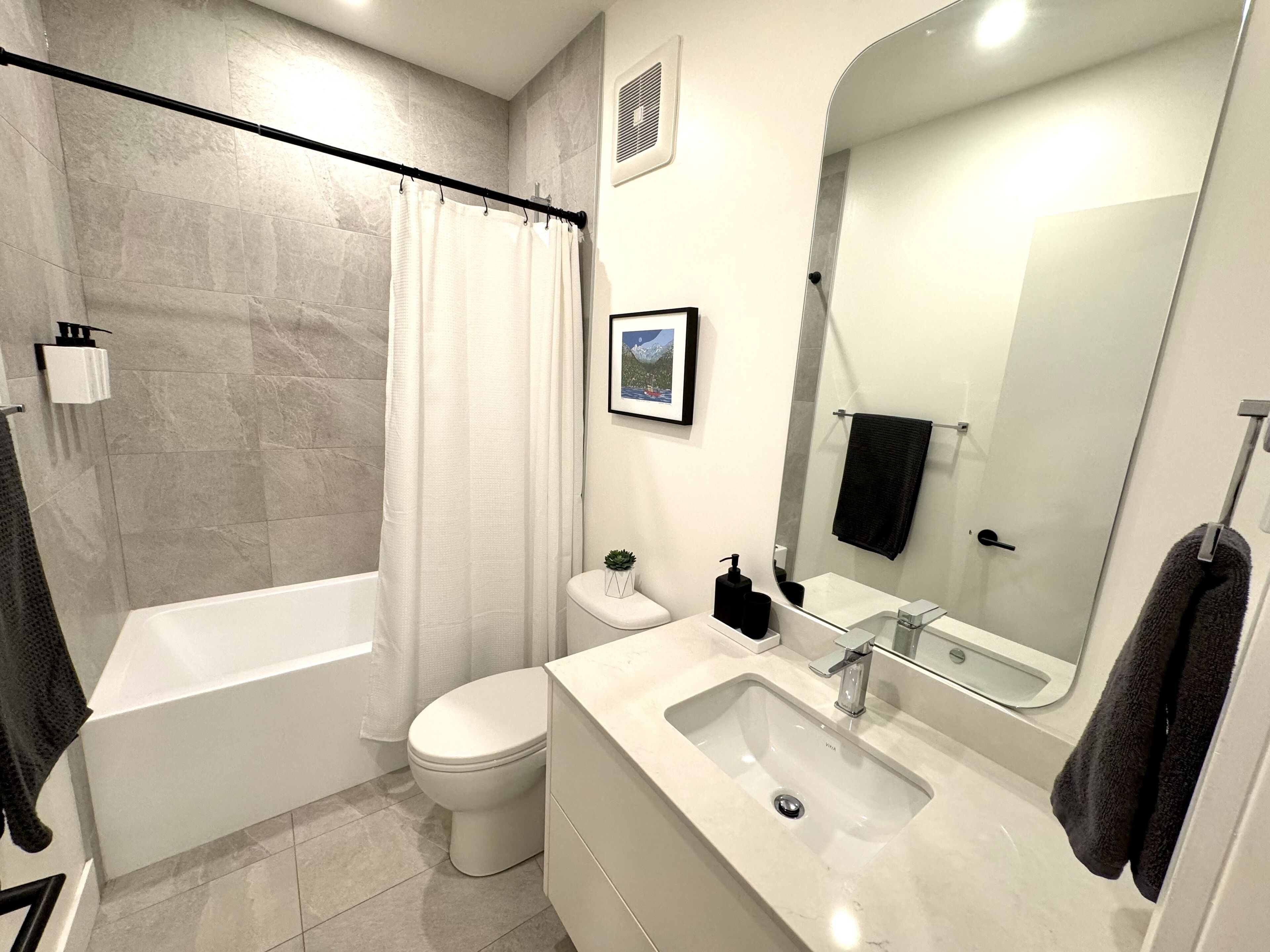 Hair dryer, towels, soap, shampoo