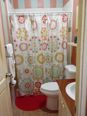 Shower, towels, soap, shampoo