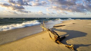 A beach with a driftwood log in the foreground and waves crashing onto the shore. - Apartment in Pobierowo near Baltic Beach (Pobierowo)