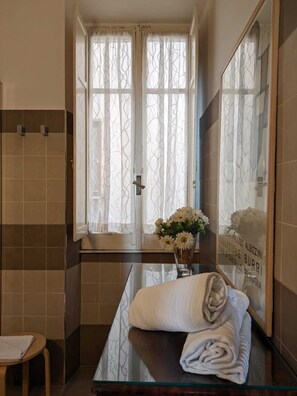 Hair dryer, towels, soap, toilet paper