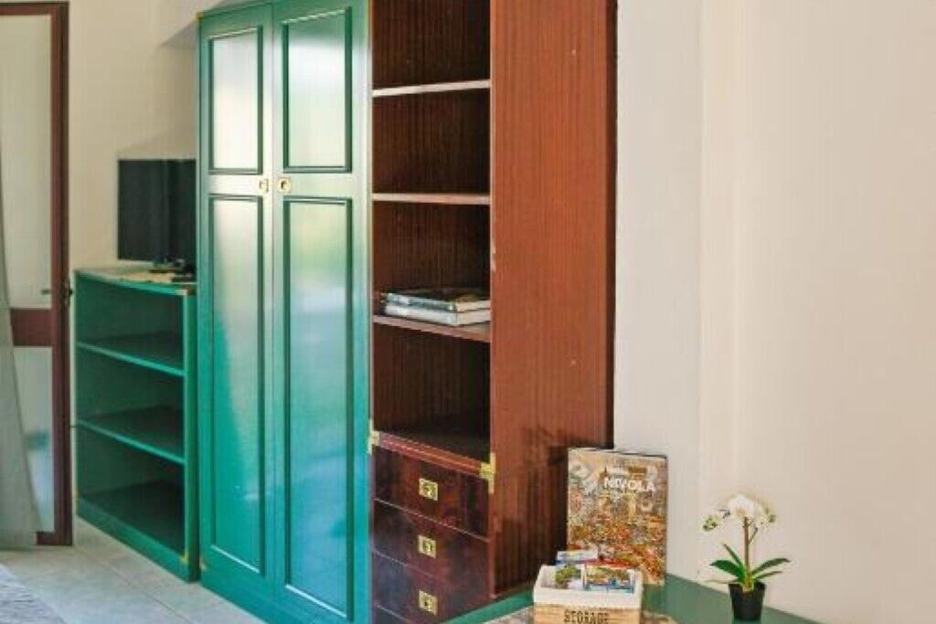A room with a green wardrobe, a small table with a plant, and a poster on the wall.