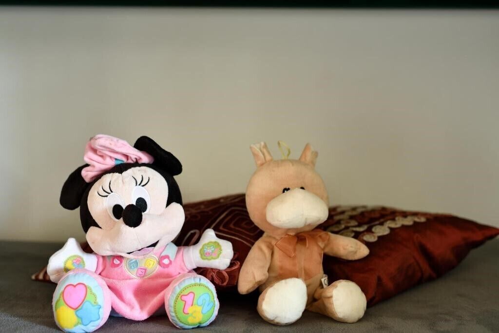 Two plush toys, one resembling Minnie Mouse and the other a duck, placed on a surface with a patterned pillow in the background.