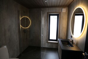 Shower, hair dryer, soap, toilet paper