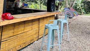 A rustic outdoor bar area with a wooden counter, a red telephone, and a speaker.
