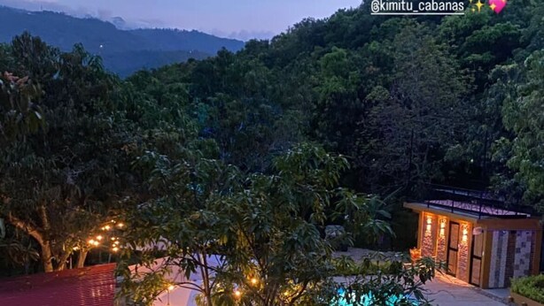 A pool area with a pathway, surrounded by greenery and a building with illuminated windows.