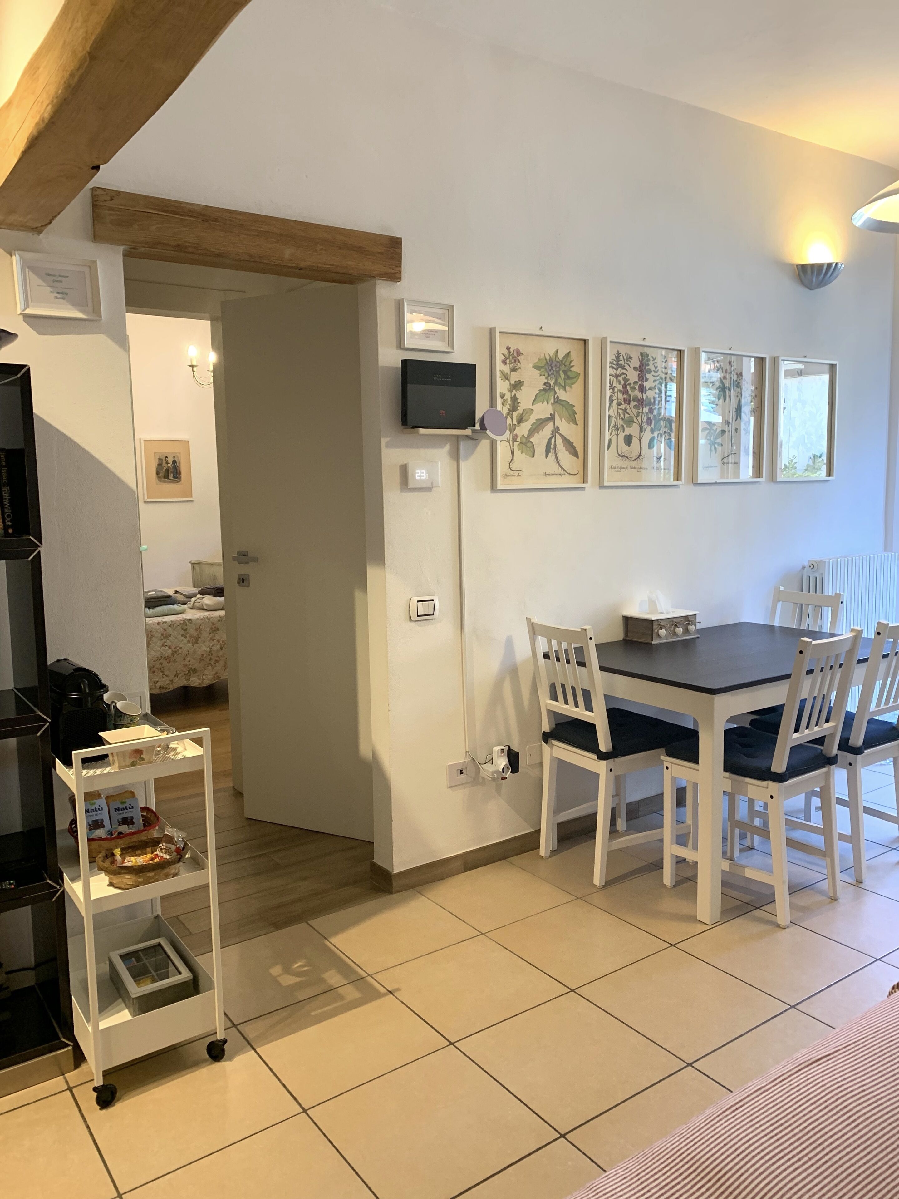 Un coin repas avec une table et des chaises, une petite étagère avec quelques objets, et des reproductions botaniques encadrées accrochées au mur.