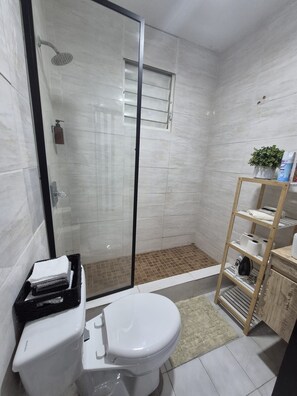 Douche, sĂšche-cheveux, serviettes fournies, savon