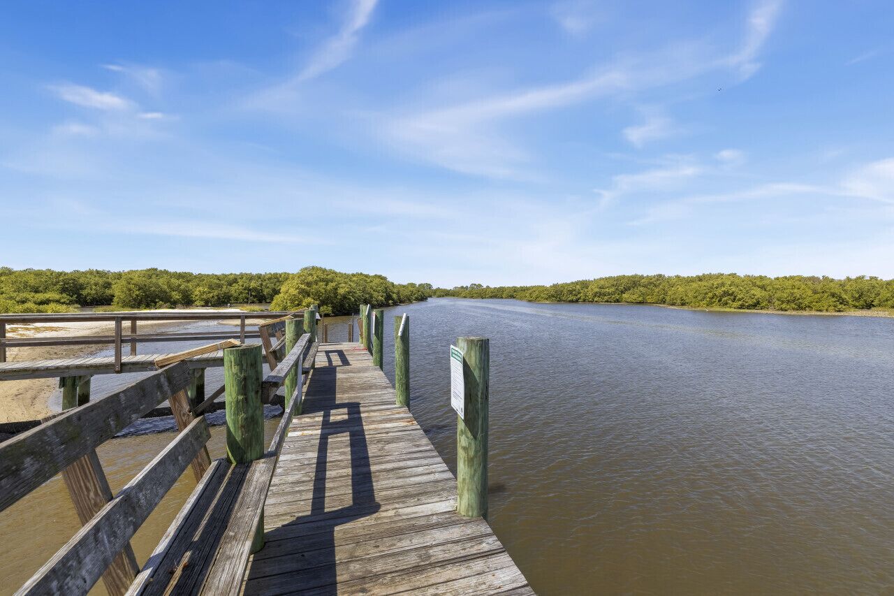 A wooden pier extending into a calm river, surrounded by dense greenery.