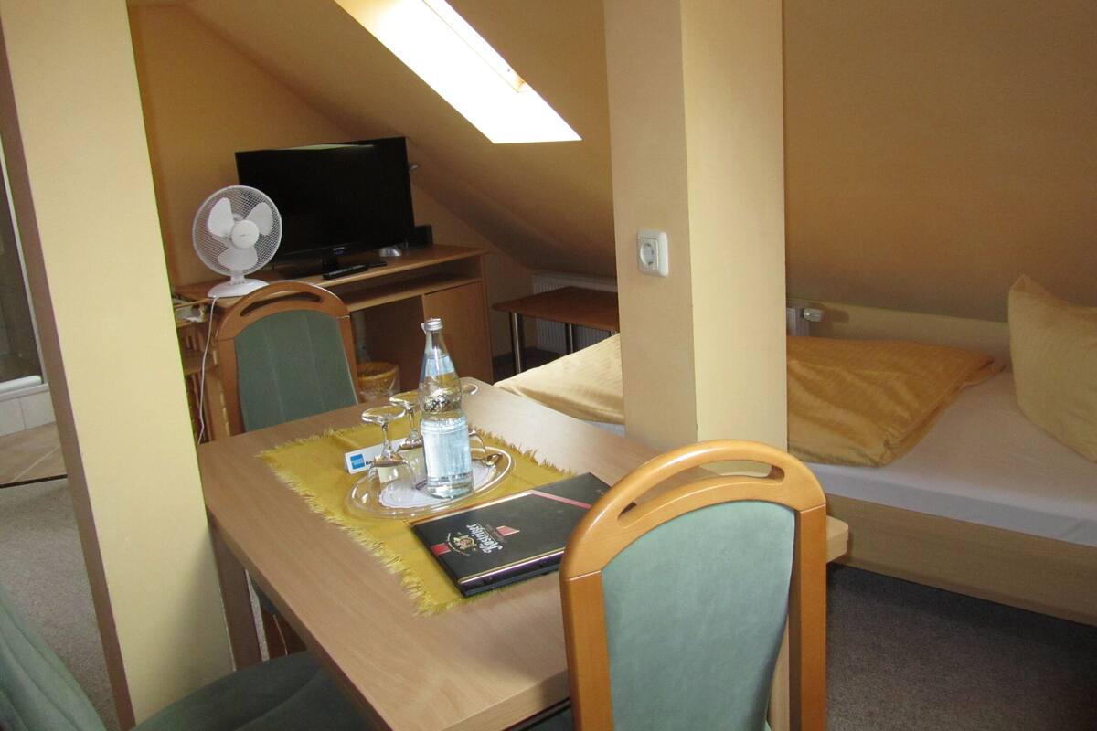 Een kleine kamer met een bed, bureau, stoel, televisie en ventilator.