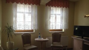 A hotel room with two windows, a television, a small table with a bottle, two chairs, a potted plant, and a bed. - Hotel zum Stadttor  (Kahla)