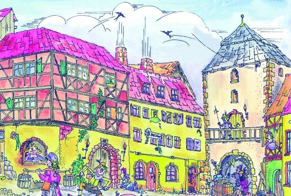 A colorful illustration of a town with buildings, some with visible windows and chimneys, and a few figures in the foreground.
