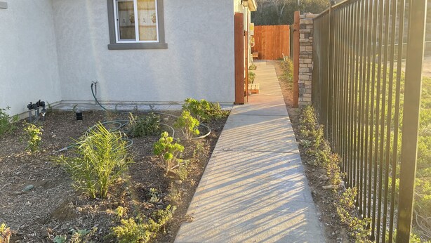 A residential property with a small garden, a pathway leading to a wooden gate, and a mountain backdrop. - New Private Studio - UCR - LLU (Riverside)