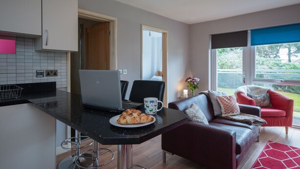A modern kitchen with a laptop, a plate with croissant, and a coffee mug on a table. - Two bedroom apartment with balcony dog friendly  (Sandbanks)