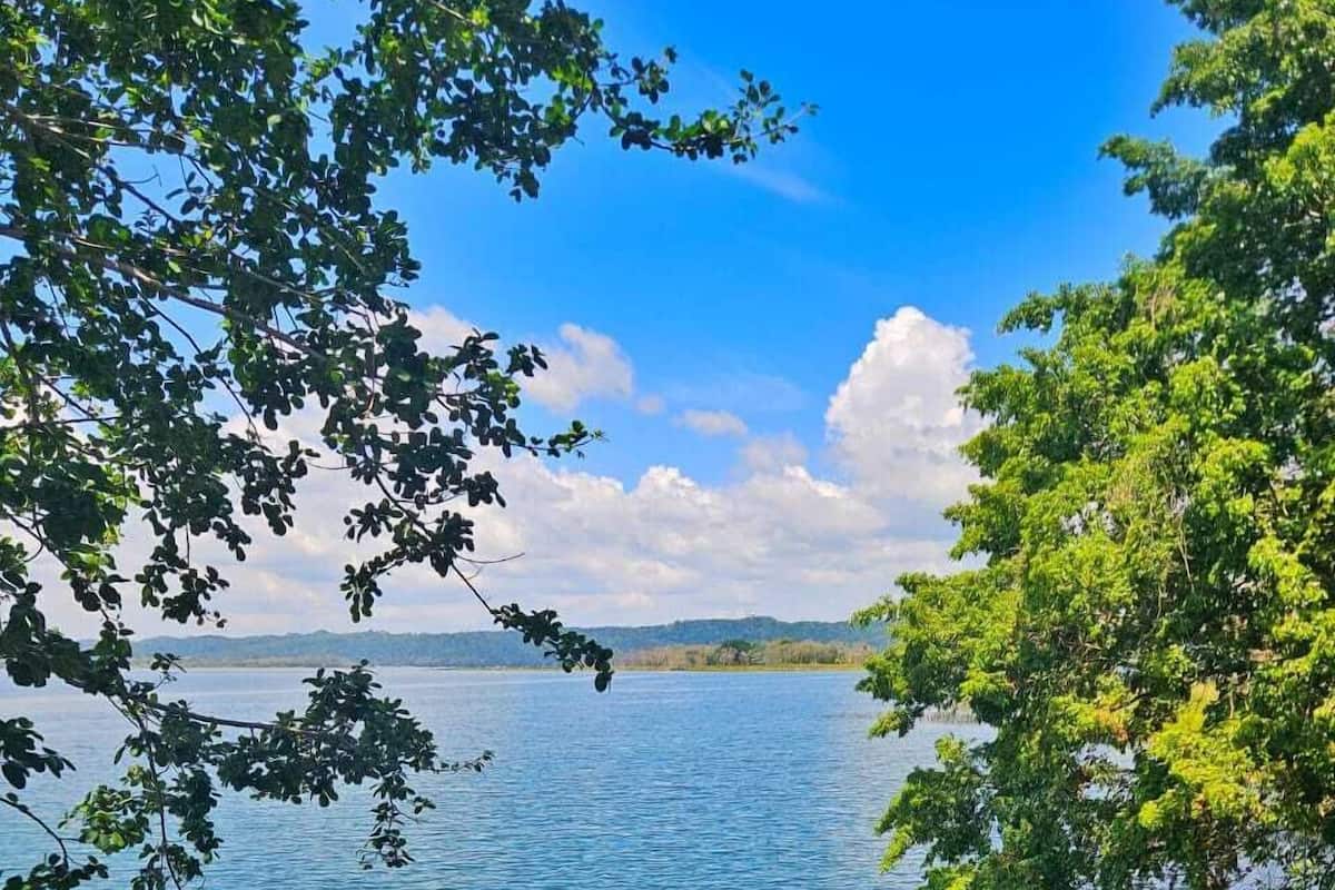 Un llac d'aigua cristal·lina, envoltat d'arbres i una serralada llunyana.