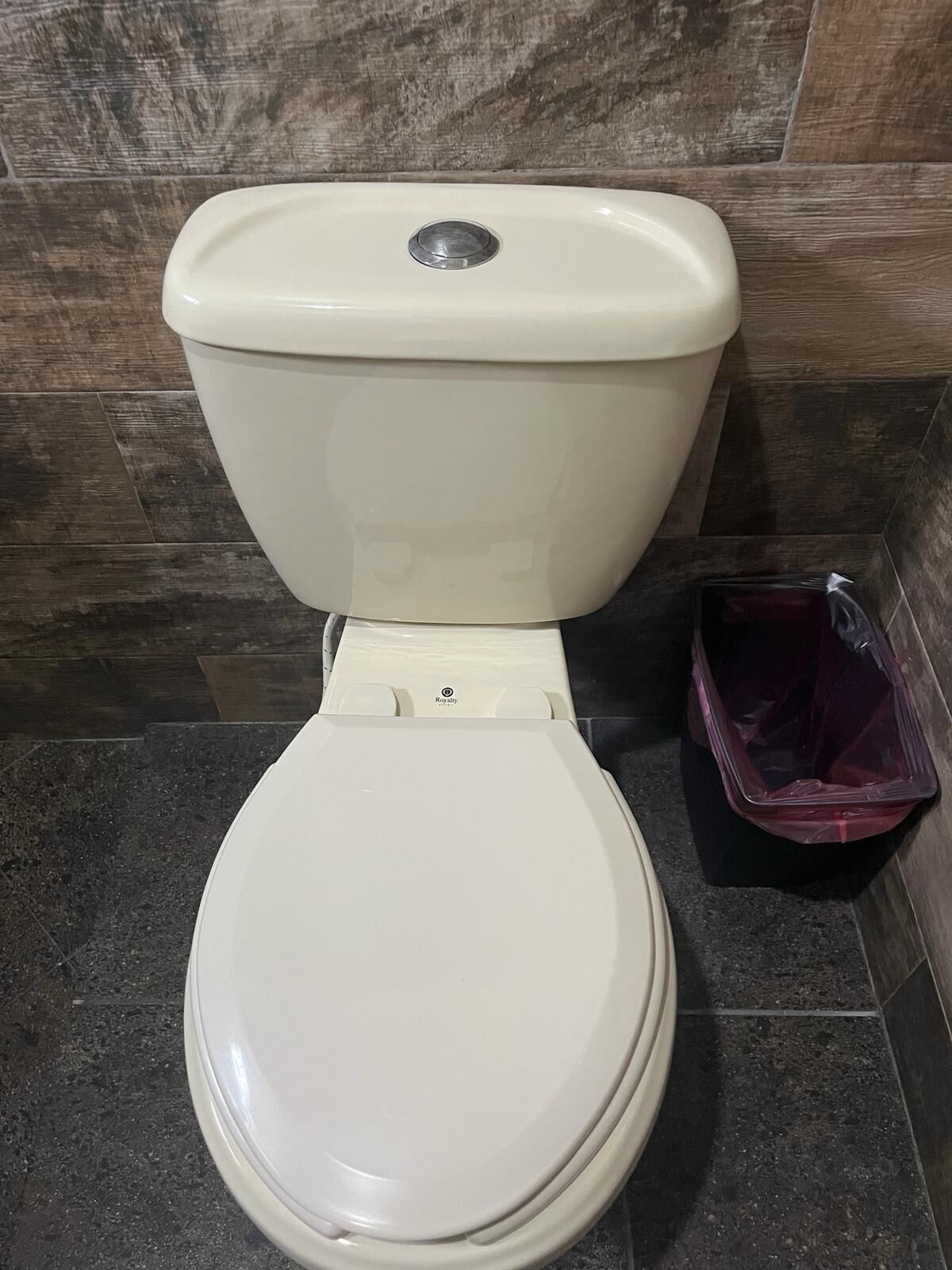 Um sanitário com tampa e manete de descarga, uma lixeira e chão revestido de azulejos.