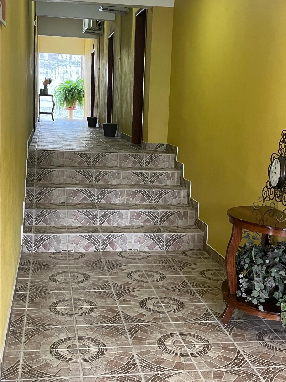 Un pasillo con suelo de baldosas estampadas que lleva a una puerta, una planta en maceta y un reloj sobre una mesa.