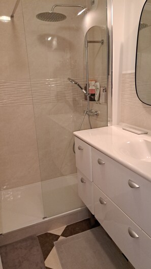 Hair dryer, towels, soap, toilet paper