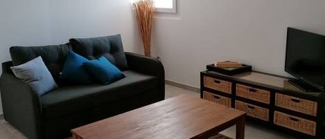 A living room with a dark green sofa, a wooden coffee table, a TV on a stand, and a window providing natural light.