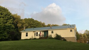 Une maison de plain-pied avec un toit végétalisé, un porche à l’avant et un drapeau.