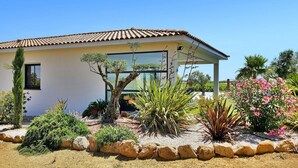 A house with a tiled roof, a glass window, and a garden with various plants and rocks.