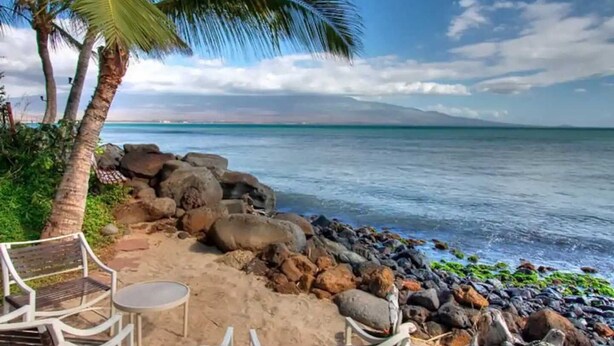 A beachside seating area with a view of the ocean, rocks, and a palm tree. - Oceanfront, King Bed, Split AC, WiFi, Hot Tub Pool (Wailuku)