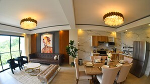 Een moderne woonkamer met een bank, eettafel en stoelen, een keuken met apparatuur, en een groot raam met uitzicht.