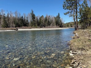 Une rivière aux eaux claires, avec des rochers visibles et une zone boisée en arrière-plan.