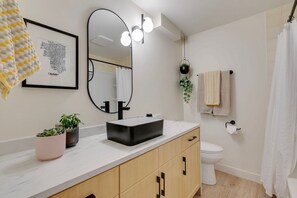 Hair dryer, towels, soap, shampoo