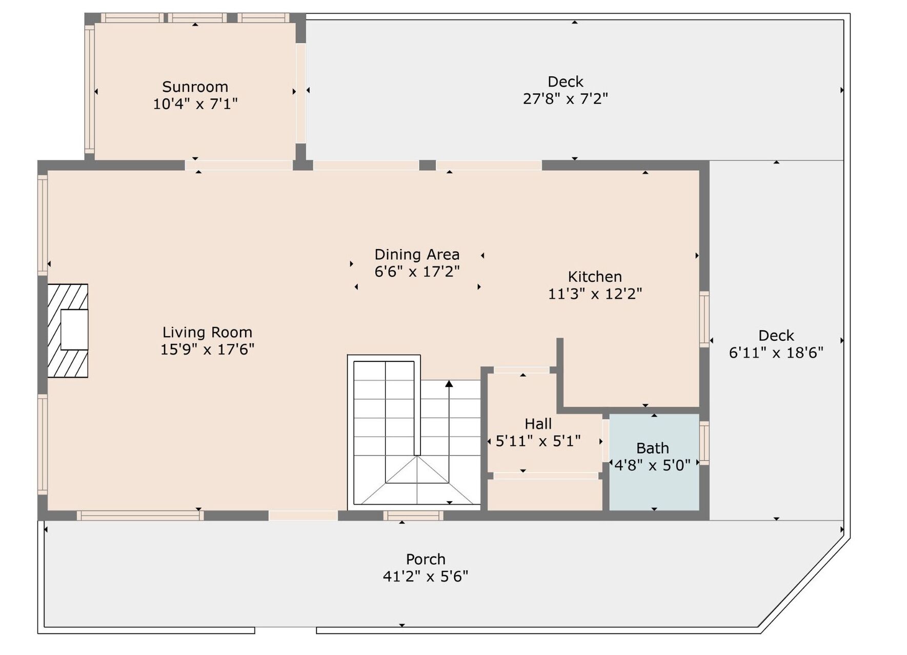 A floor plan of a house with a sunroom, living room, dining area, kitchen, hall, bath, and porch.