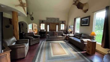 Televisión, chimenea, libros, oficina