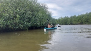 A calm river with a kayak and a paddle in the foreground. - KAYAKS PERU (Tumbes)