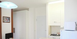 Fridge, microwave, stovetop, cookware/dishes/utensils