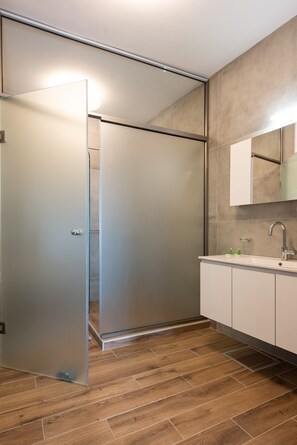 Shower, hair dryer, towels