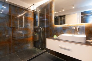 Shower, hair dryer, towels