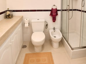 A bathroom with a toilet, bidet, and shower.