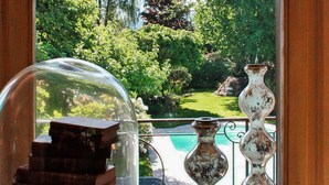 A view of a garden through a window, featuring a clear glass dome, a wooden structure, and two decorative vases.
