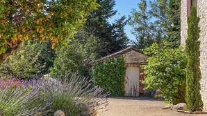 A rustic garden with a stone building, surrounded by dense foliage and lavender plants.