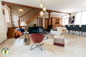 TV, fireplace, table football