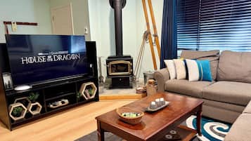 Smart-tv, een open haard, videospelletjes en een dvd-speler