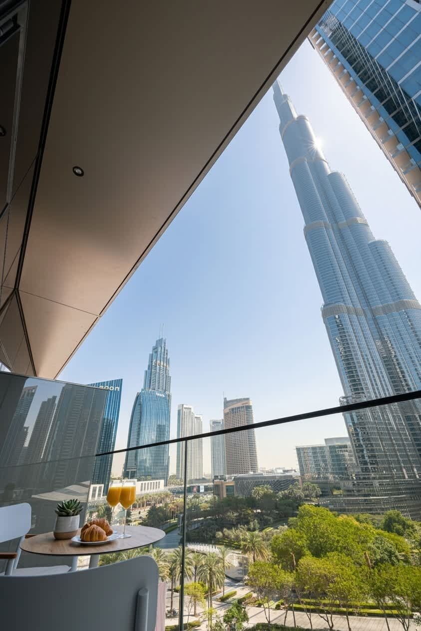 A modern hotel room with a large window overlooking a cityscape, including a prominent skyscraper.
