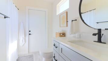 Hair dryer, towels, soap, shampoo