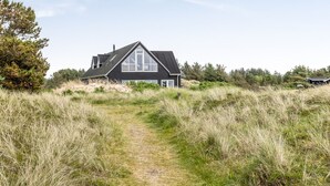 A modern house with a sloped roof and large windows, surrounded by tall grass and trees.