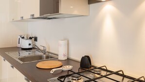 Eine moderne Küche mit einem Gasherd, einer Spüle und einem Toaster.
