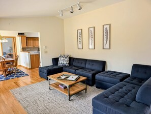 Smart TV, fireplace, books