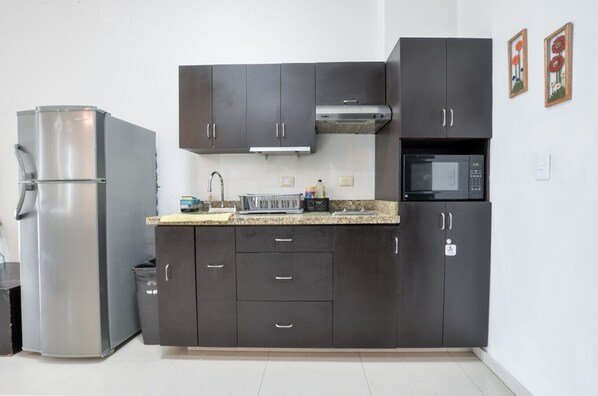 Fridge, microwave, stovetop, coffee/tea maker