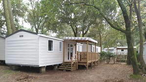 A mobile home with a porch and steps, surrounded by trees.