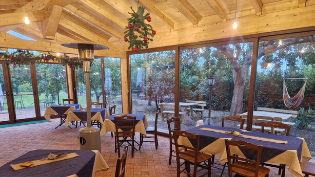 Un comedor interior con mesas y sillas, ventanas amplias y techo de madera.