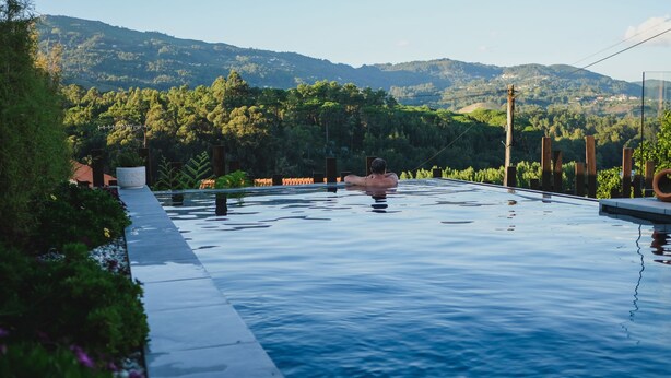 A swimming pool with a view of a forested hillside.