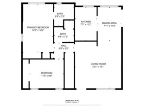 Plano de planta de una casa con un área total de 86 metros cuadrados. Incluye un dormitorio principal, dos baños, una cocina, un comedor, una sala de estar y un dormitorio.