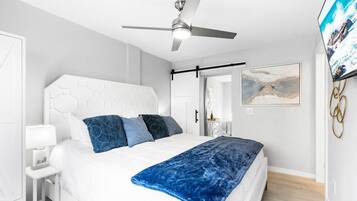 1 bedroom, desk, iron/ironing board, travel cot